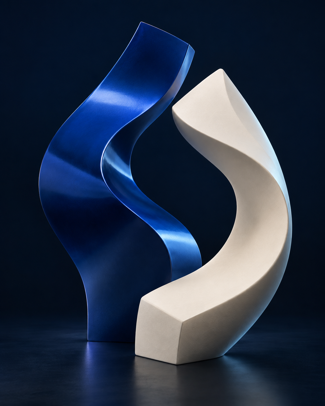 Two sculptural forms, cobalt and ivory, curve toward a shared space.